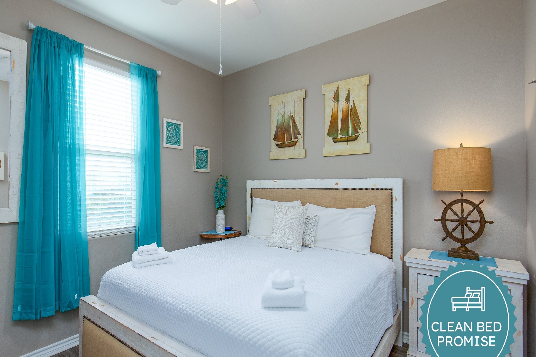 Sleep better at Padre Escapes with our exclusive Clean Bed Promise; providing fresh linens, comforters, and towels washed at high temperatures exceeding CDC recommendations, setting us apart for a truly restful vacation