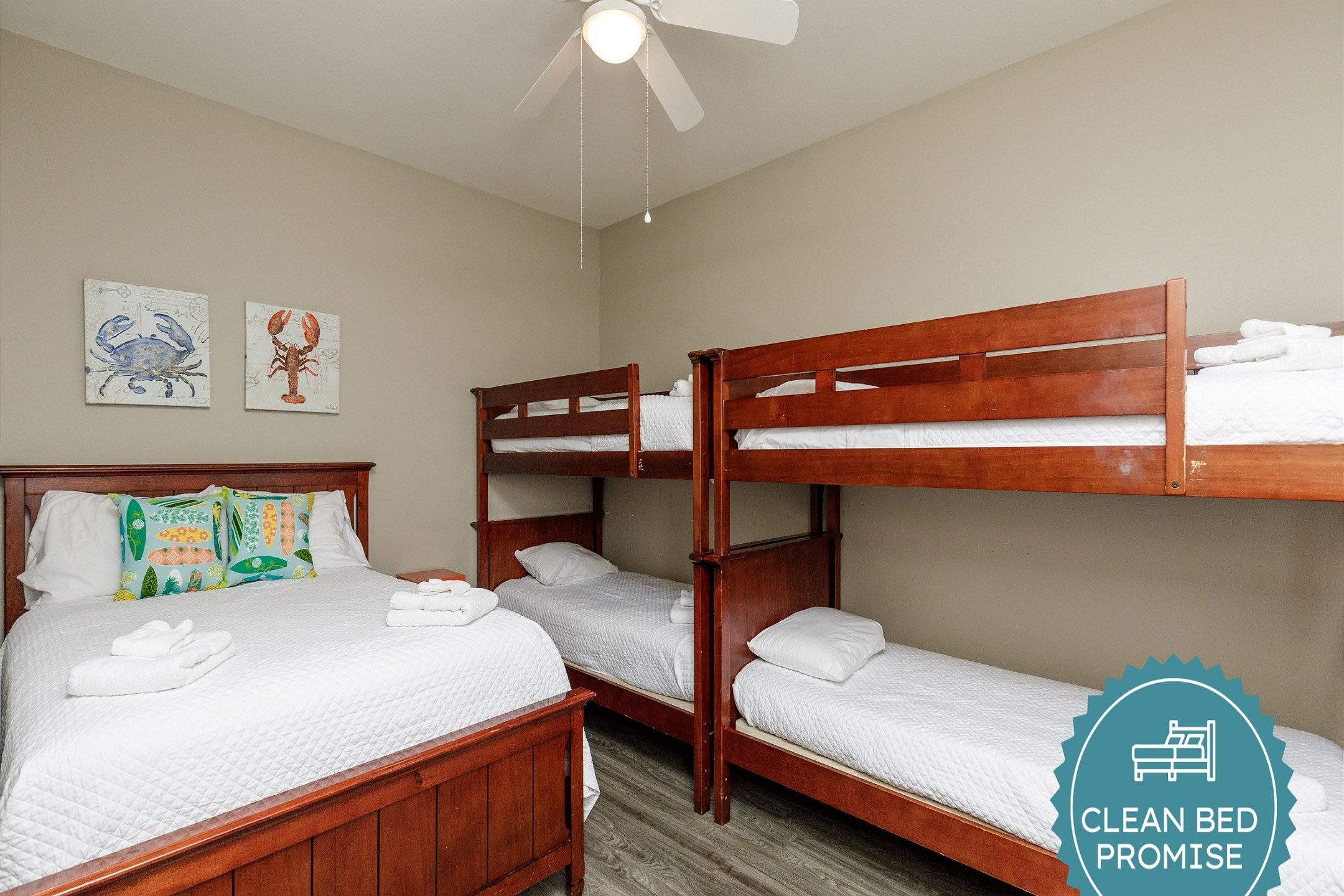 Sleep better at Padre Escapes with our exclusive Clean Bed Promise; providing fresh linens, comforters, and towels washed at high temperatures exceeding CDC recommendations, setting us apart for a truly restful vacation