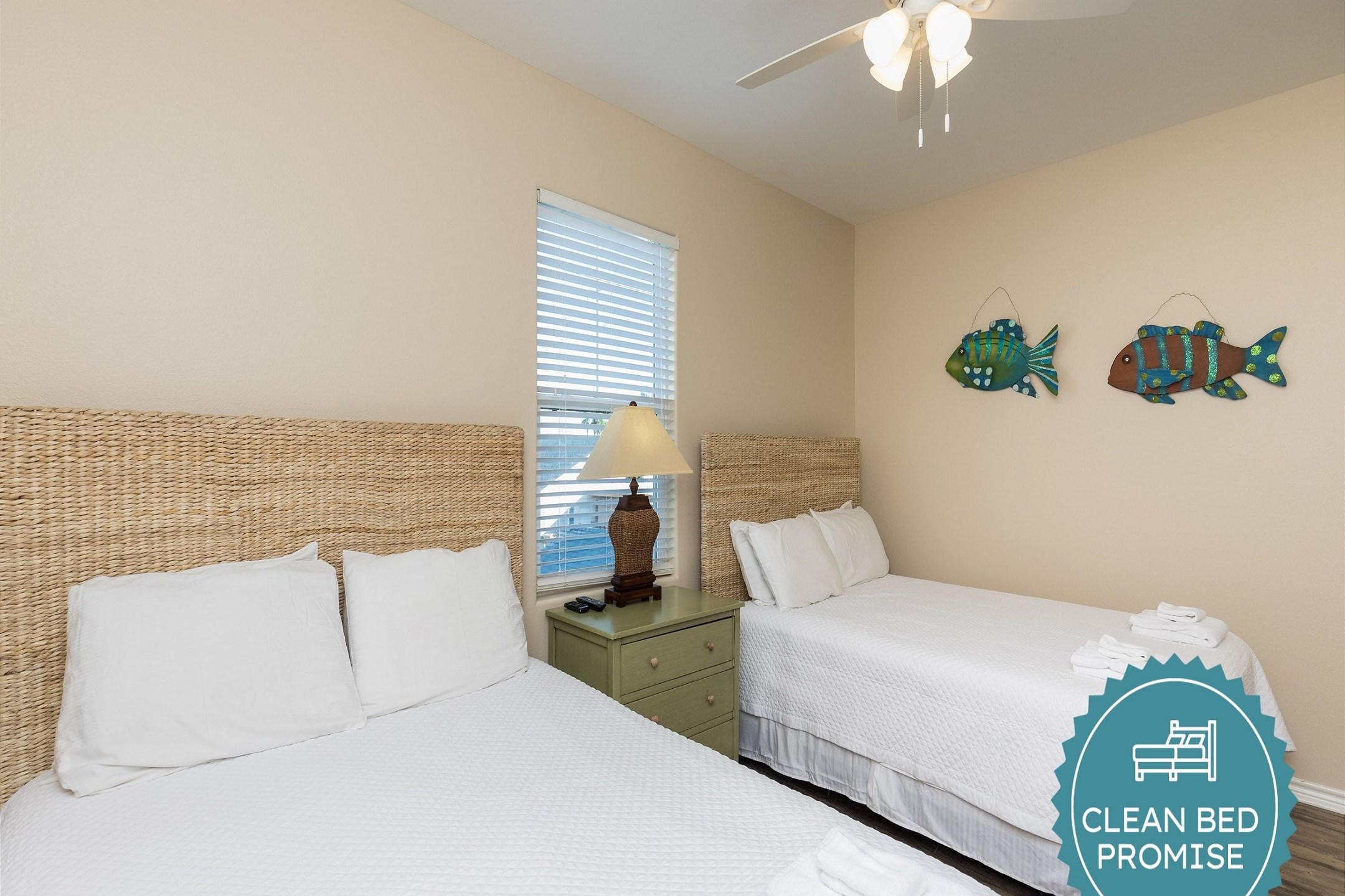Sleep better at Padre Escapes with our exclusive Clean Bed Promise; providing fresh linens, comforters, and towels washed at high temperatures exceeding CDC recommendations, setting us apart for a truly restful vacation