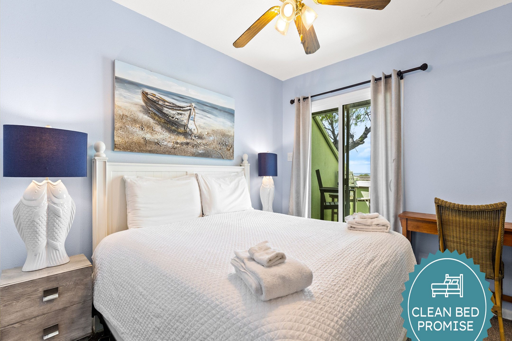 Sleep better at Padre Escapes with our exclusive Clean Bed Promise; providing fresh linens, comforters, and towels washed at high temperatures exceeding CDC recommendations, setting us apart for a truly restful vacation