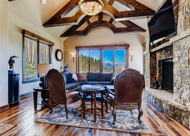 fireplace, TV, and mountain scenery