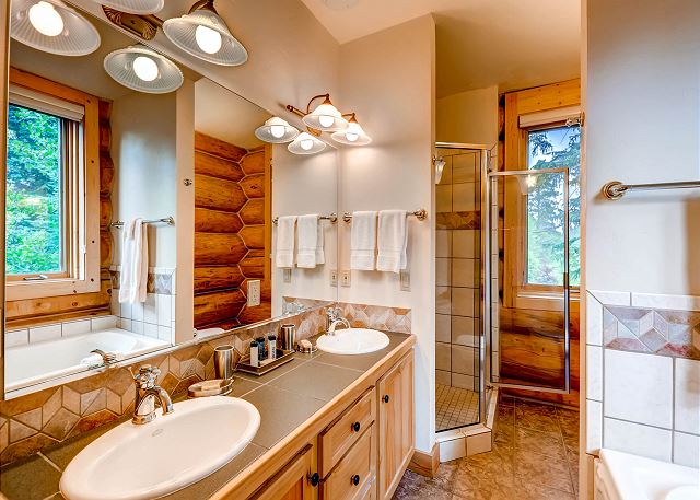 Pines Suite Ensuite Bath with Two Sinks, Bathtub and Walk-in Shower