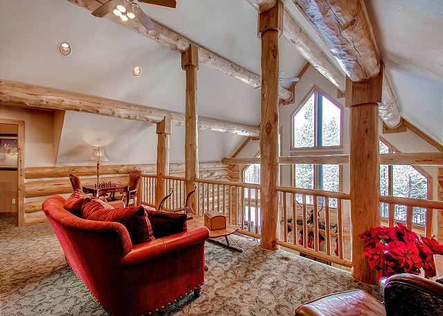 library loft above great room looking out to peak 8
