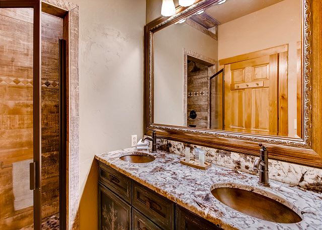 with shower and dual sinks
