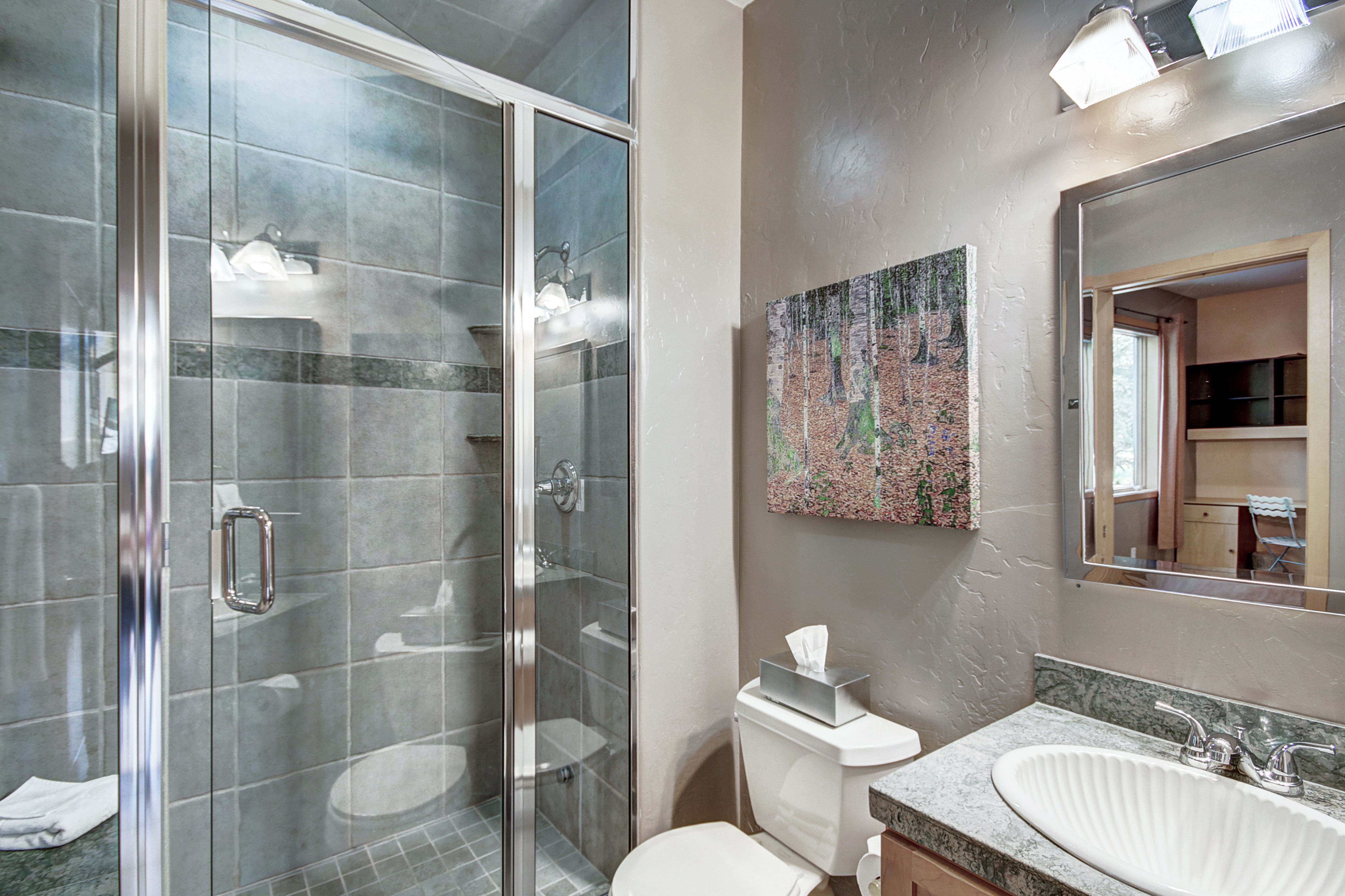 Main level bathroom with walk-in shower. - Buffalo Mountain Vista Frisco Vacation Rental