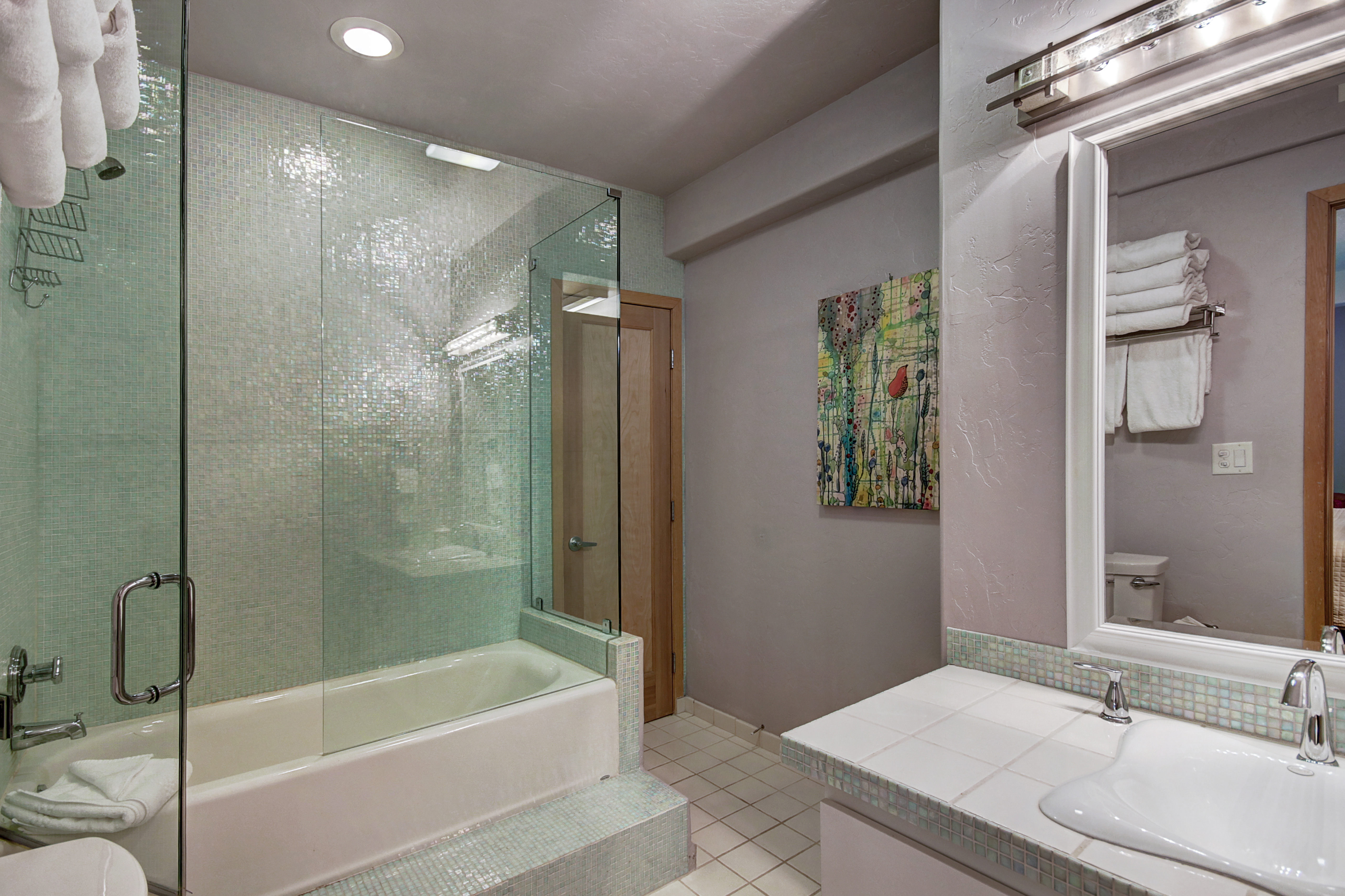 Lower level bathroom with tub/shower combo. - Buffalo Mountain Vista Frisco Vacation Rental