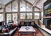 Living room with large gas fireplace - Cloud Cabin Breckenridge Vacation Rental 