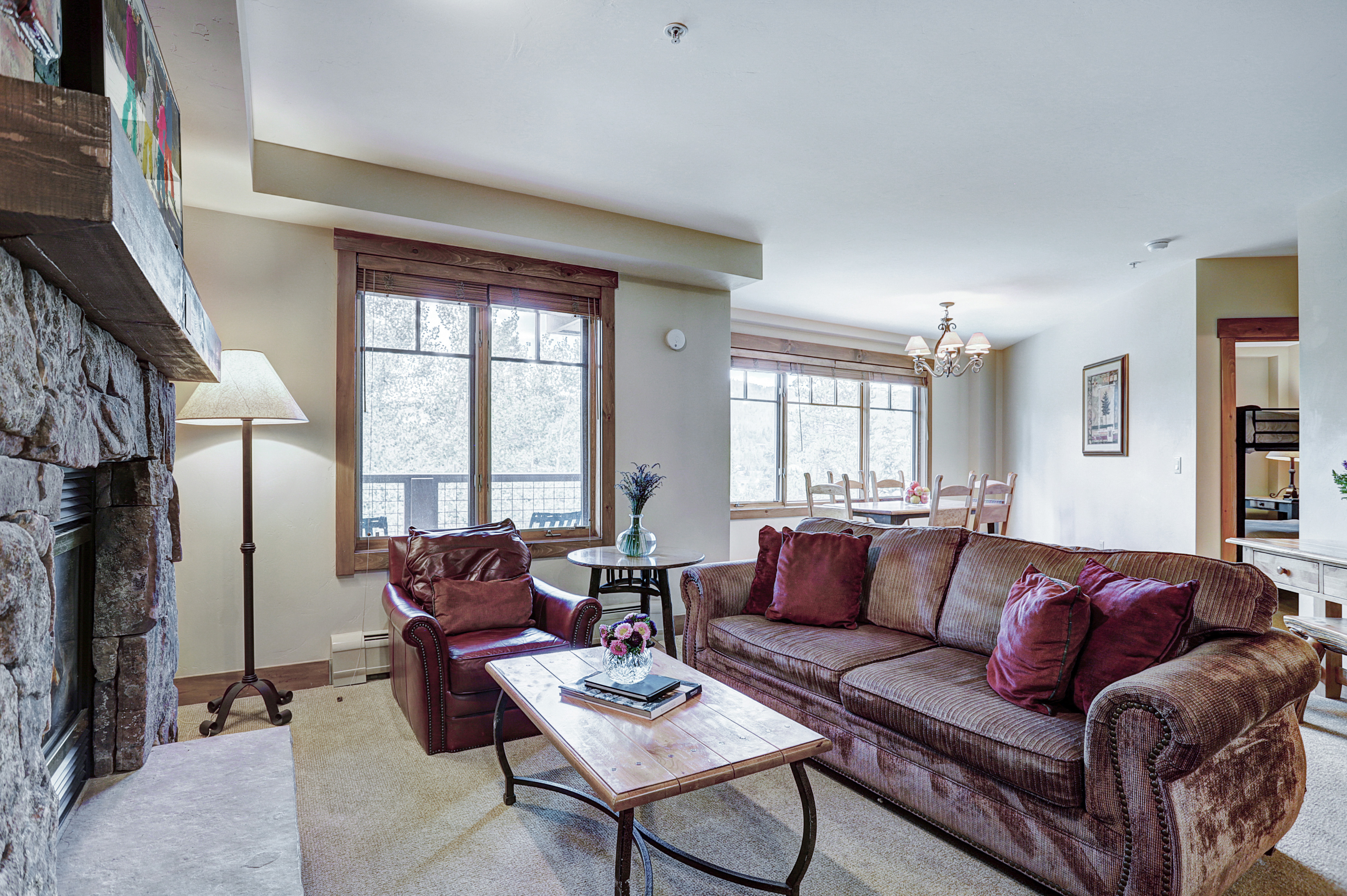 Relax with your group in front of the flat screen TV and gas fireplace