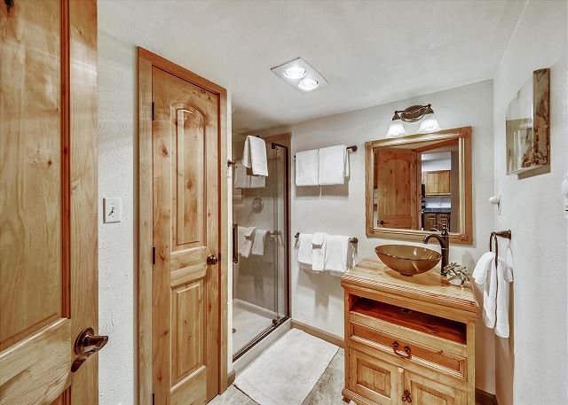 Bathroom with linen closet and walk in shower - Atrium 003 Breckenridge Vacation Rental