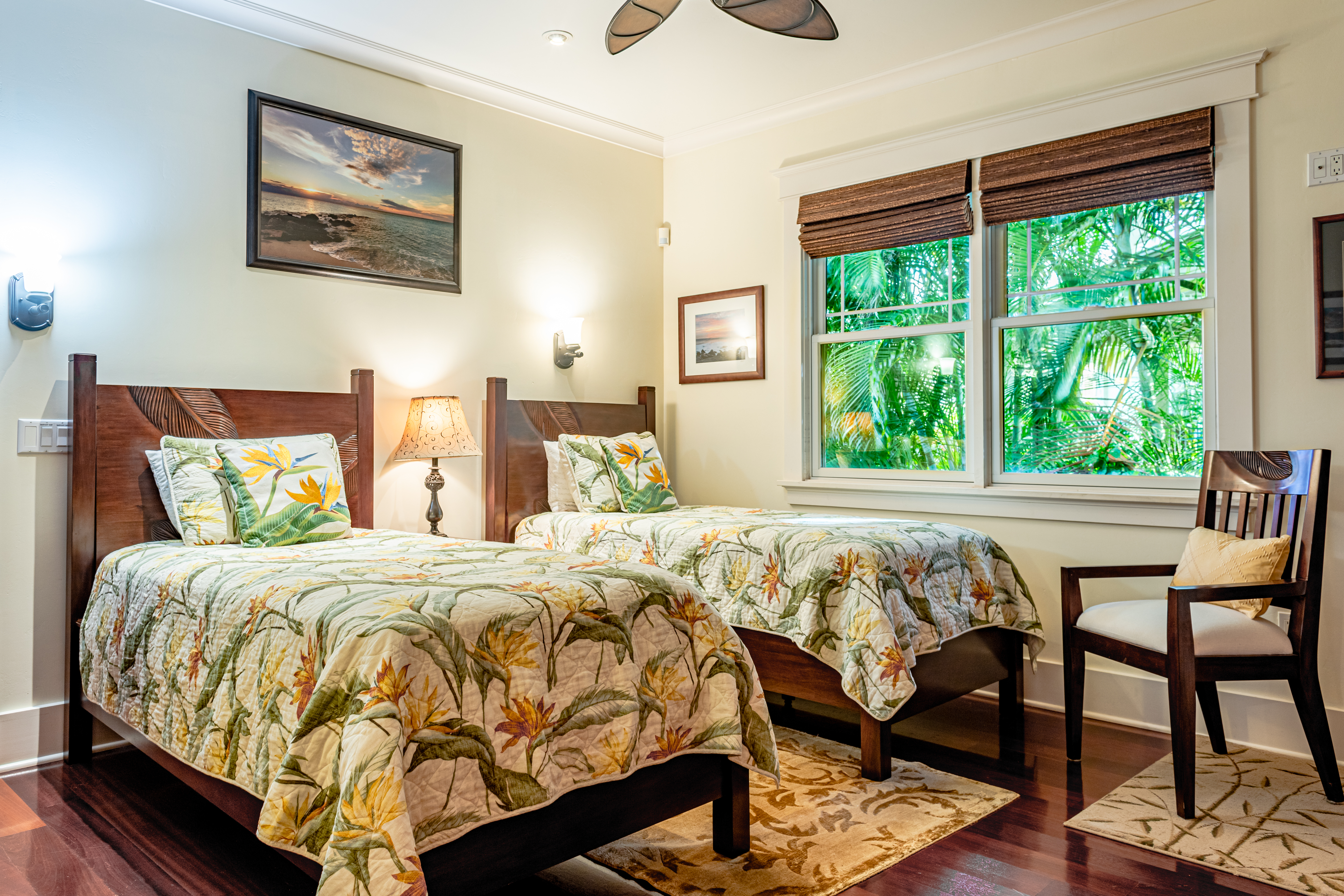 The third bedroom has twin beds and is ensuite with private bathroom and green garden views.