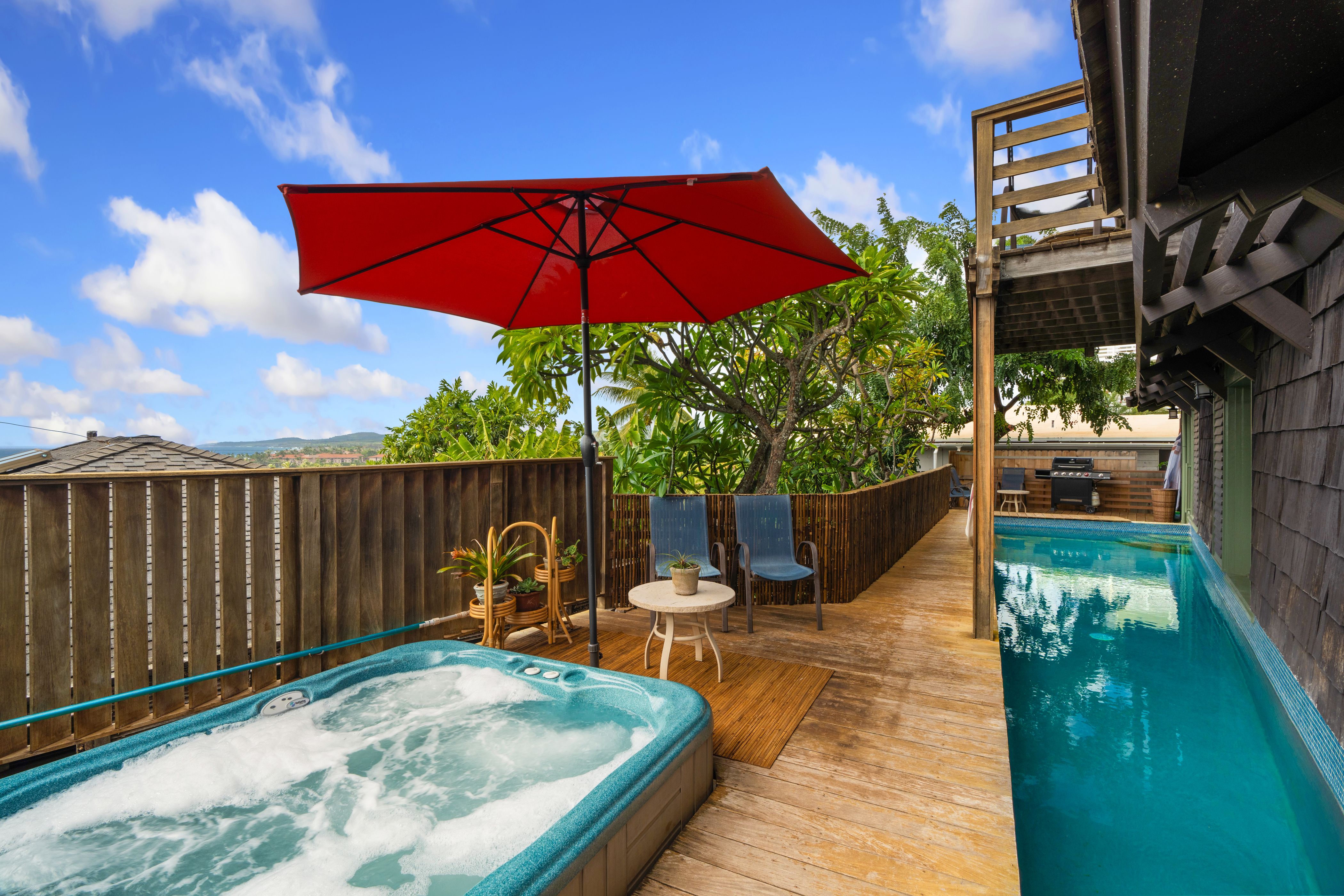 Amazing Views Hale hot tub views of the Pacific Coastline and Mountain Ridges. There is a towering Papaya tree located near the hot tub
