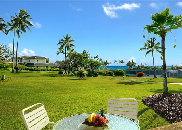 Kahala Poipu Kai 312 is a ground floor, two bedroom, two bathroom end unit with outstanding views and a lanai with ocean views. A portable A/C is located in the living area for your comfort.