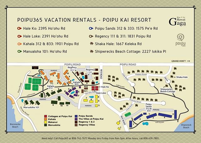 Poipu Kai Resort Map with designations for Poipu365 properties