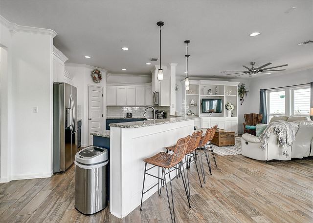 Open concept, kitchen looking into living area