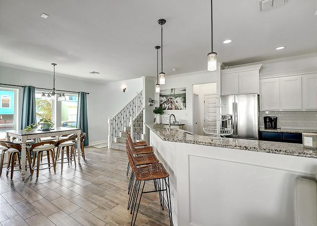 Open concept, dining and kitchen areas