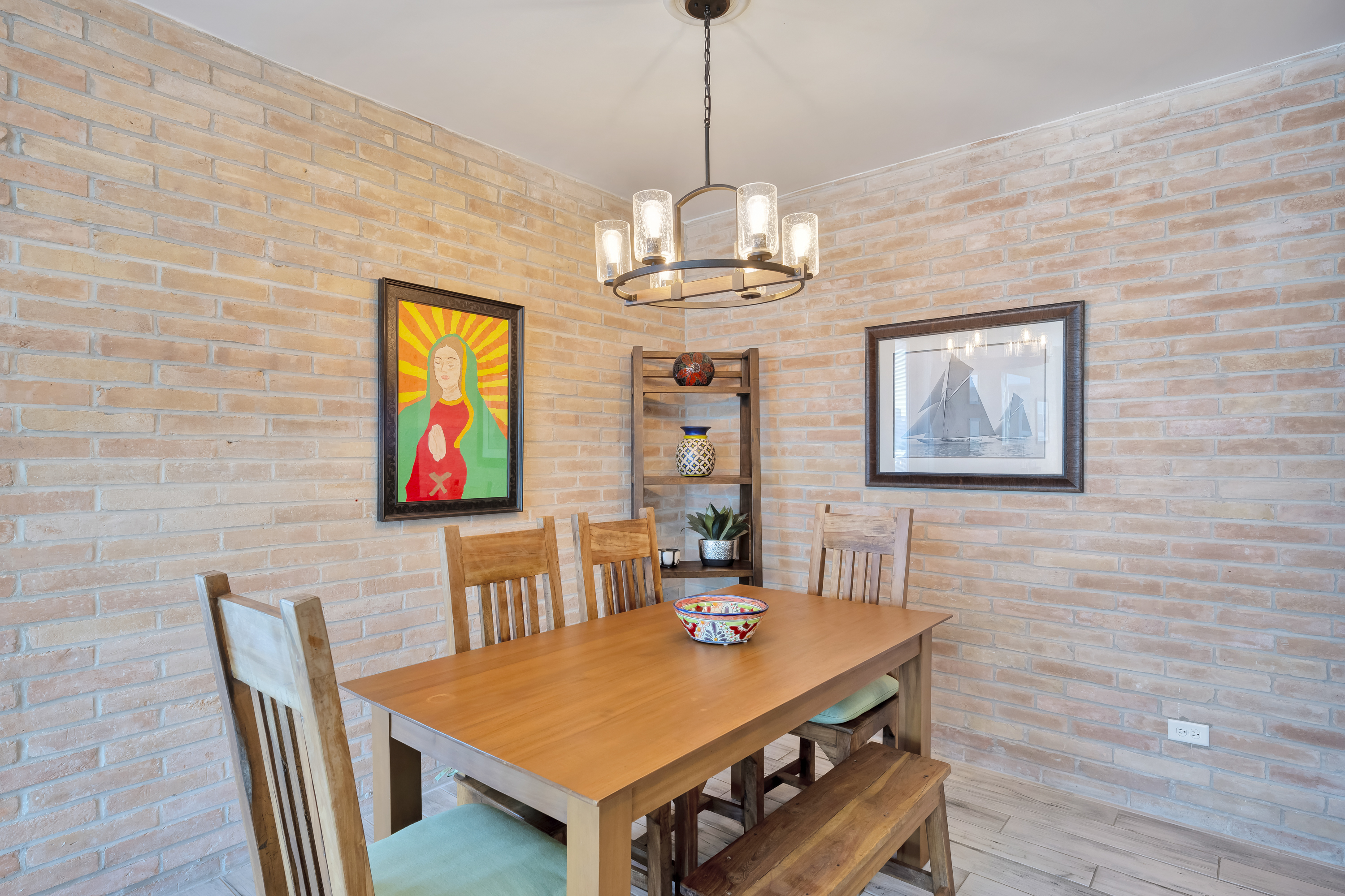 Rustic wooden dining table with coastal accents
