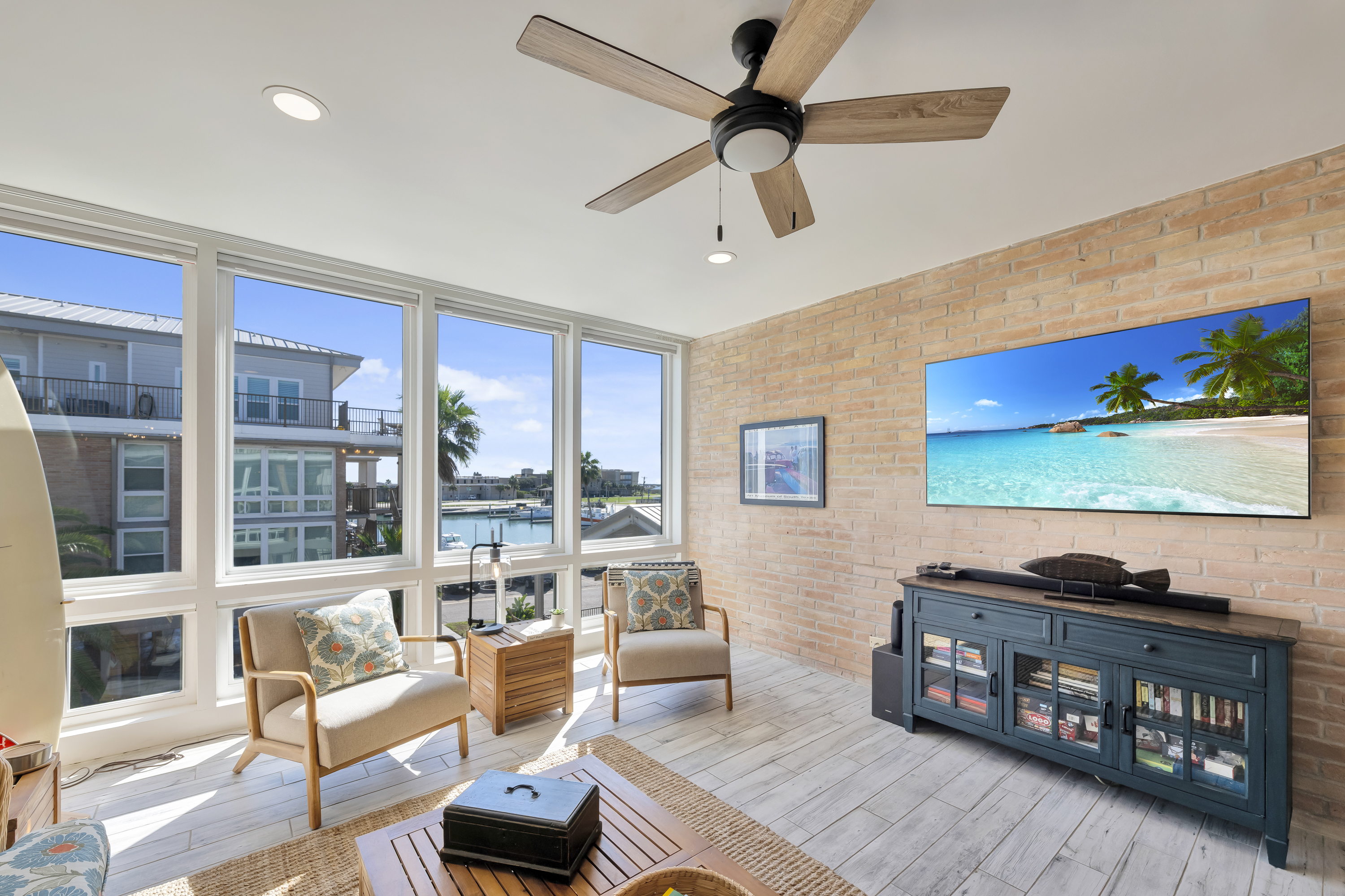 Entertainment center with flat-screen TV and streaming services