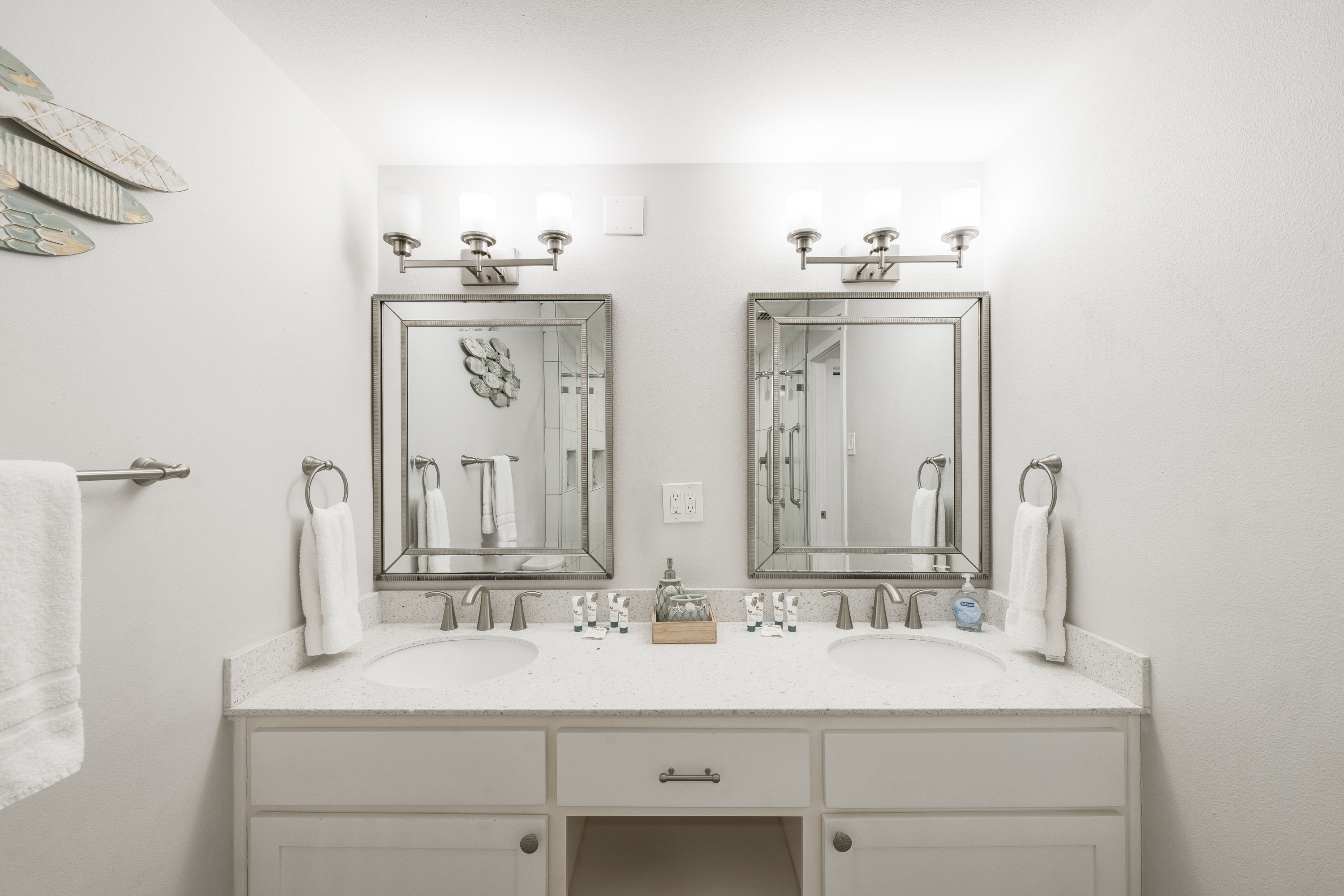 bright, modern double-sink bathroom vanity with a clean and minimalist design