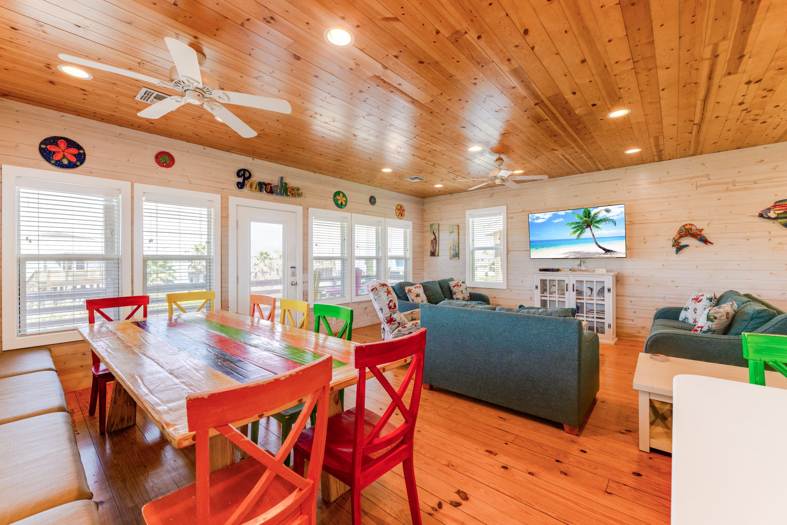 Share meals and laughter around the large dining table with 7 chairs and bench seating 