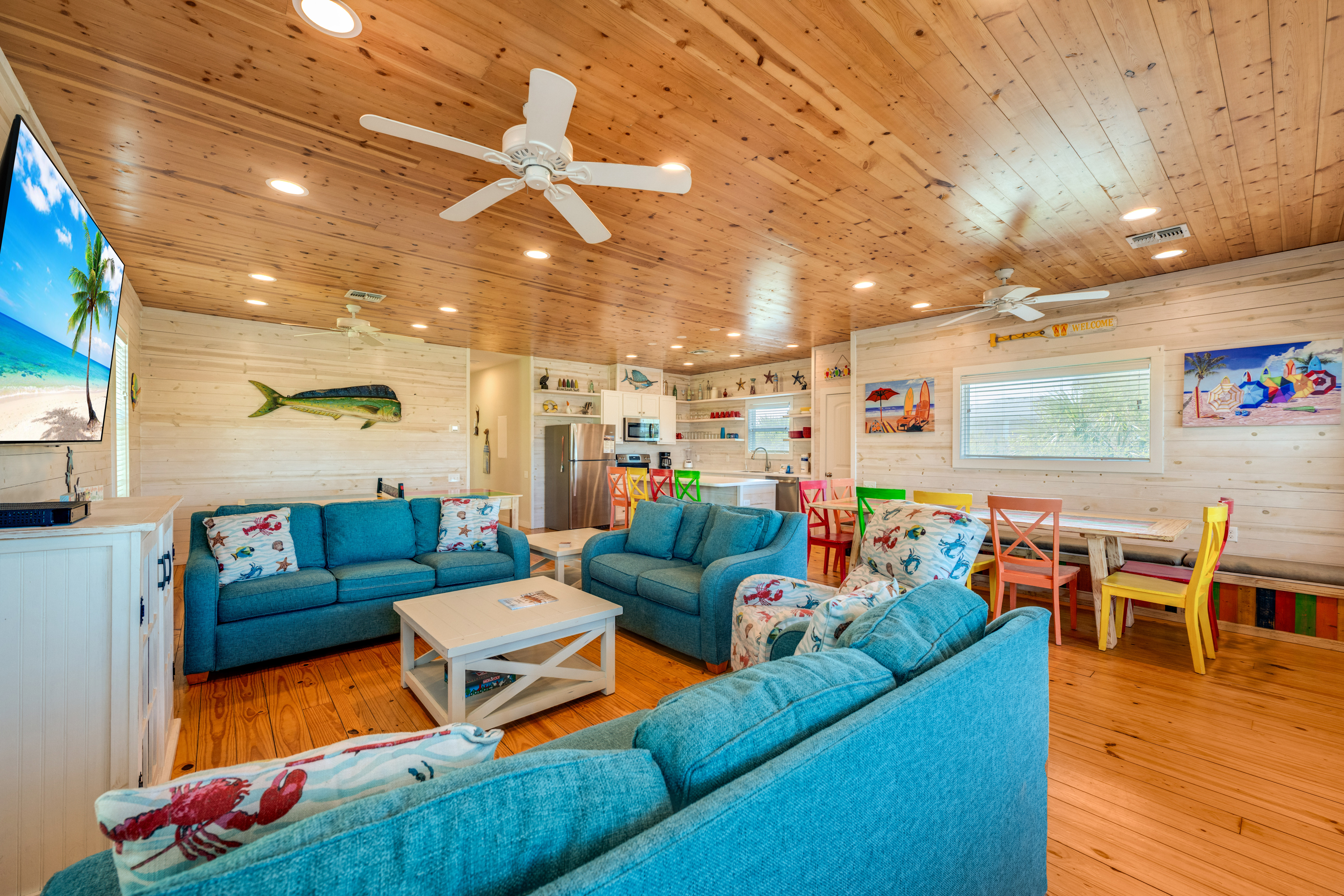 Comfortable gathering space designed for relaxation after a day at the beach