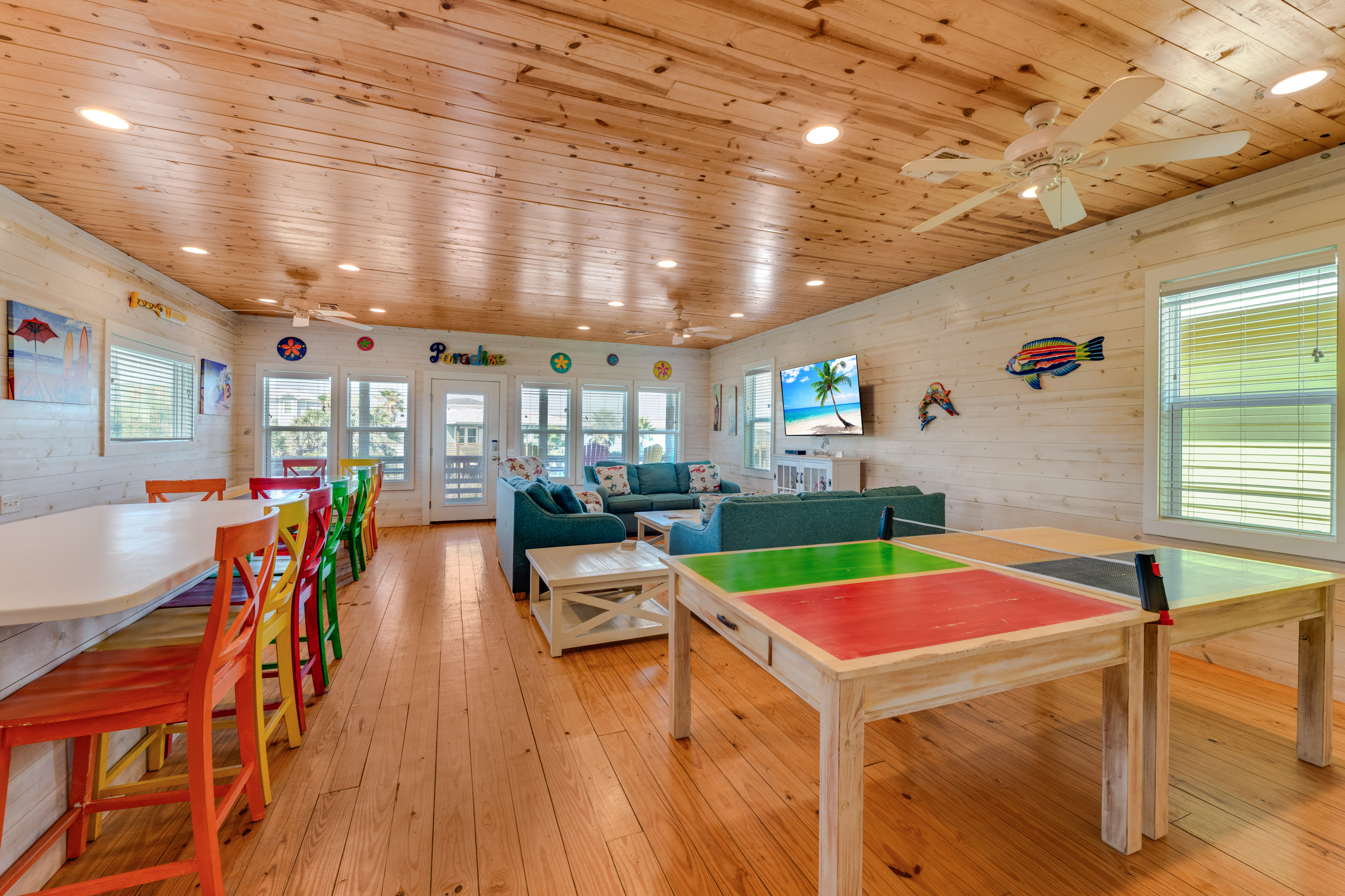This inviting entertainment space is ideal for families and groups looking to relax and play together