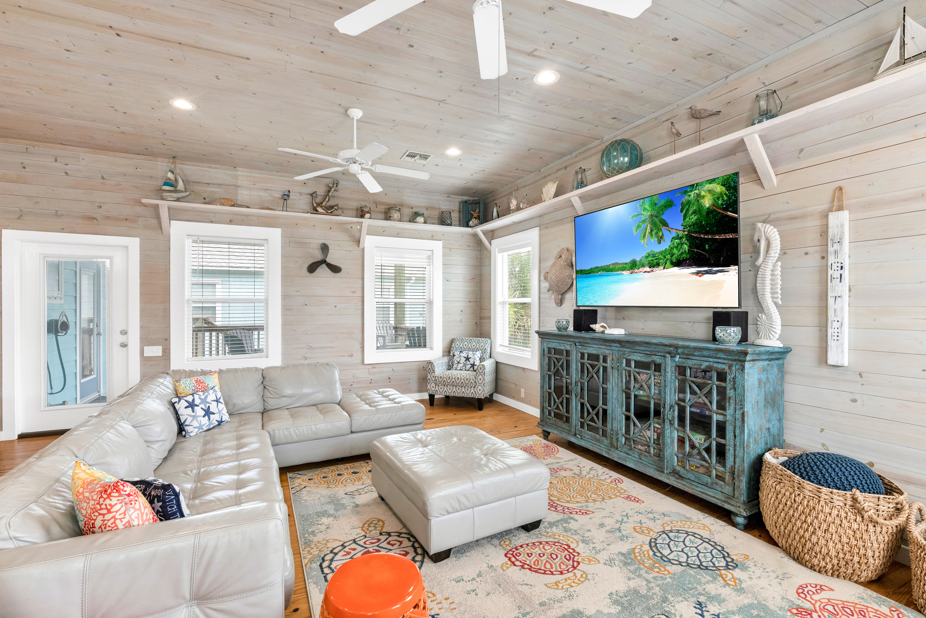 Kick back on the plush sofa for movie nights or family chats