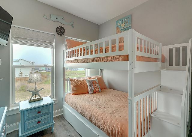 Full over full bunk beds with cute stairs! 