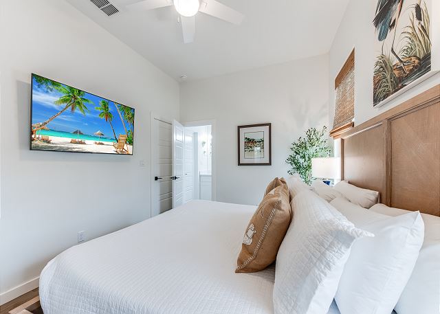 Primary Bedroom with King bed, TV, and ensuite bath with low-entry tiled shower