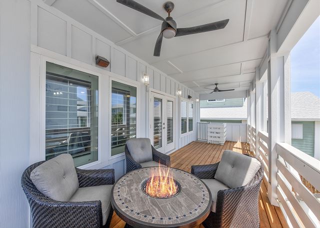 2nd floor patio with ceiling fans, fire pit table and seating
