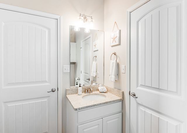 Queen Bedroom #3/Shared Guest Bathroom with single vanity