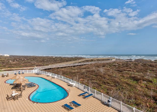 Aerial view of the pool and boardwalk