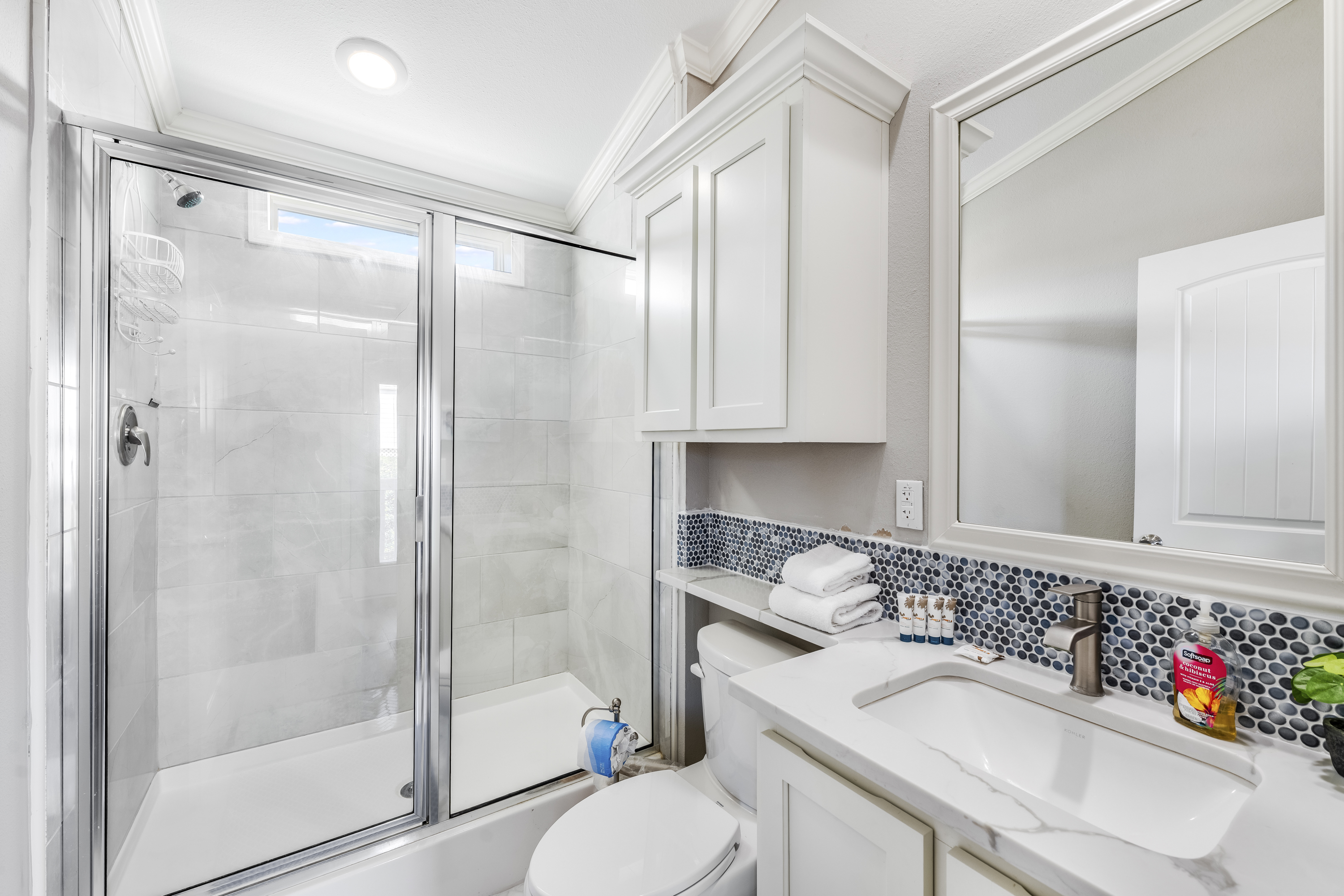 A beautifully updated bathroom with a contemporary sink and low-step shower — combining modern style with easy, comfortable access