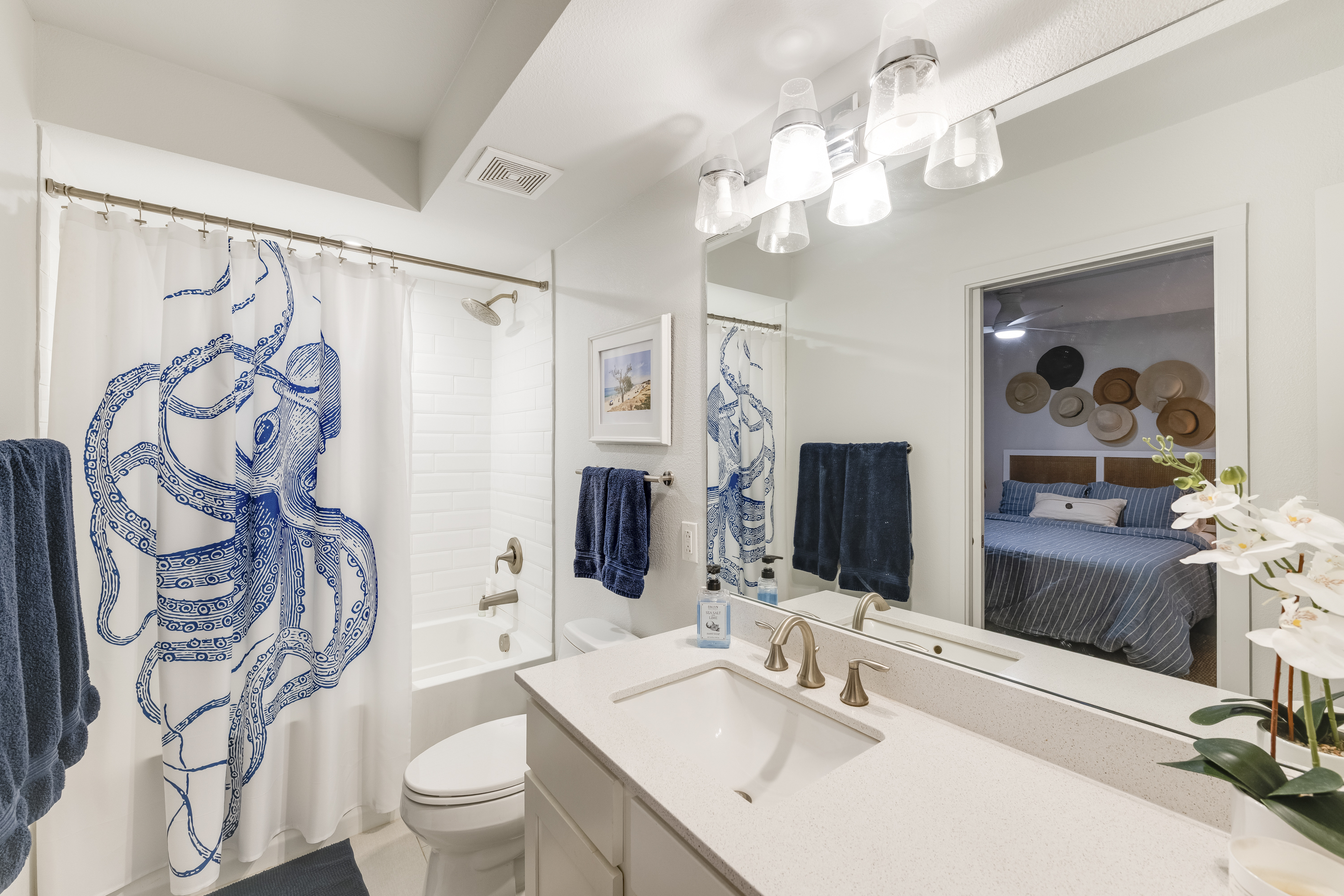 Pristine vanity space perfect for vacation-ready mornings