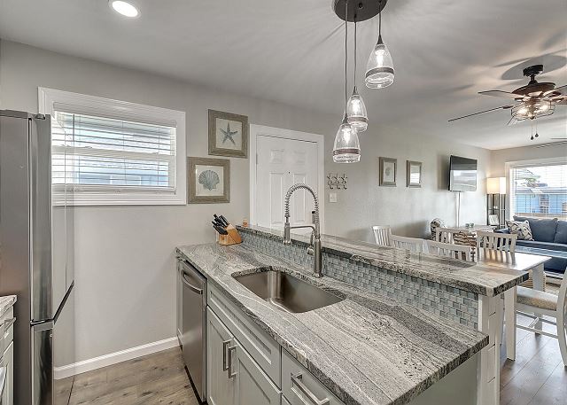 Kitchen looking out to dining/living areas