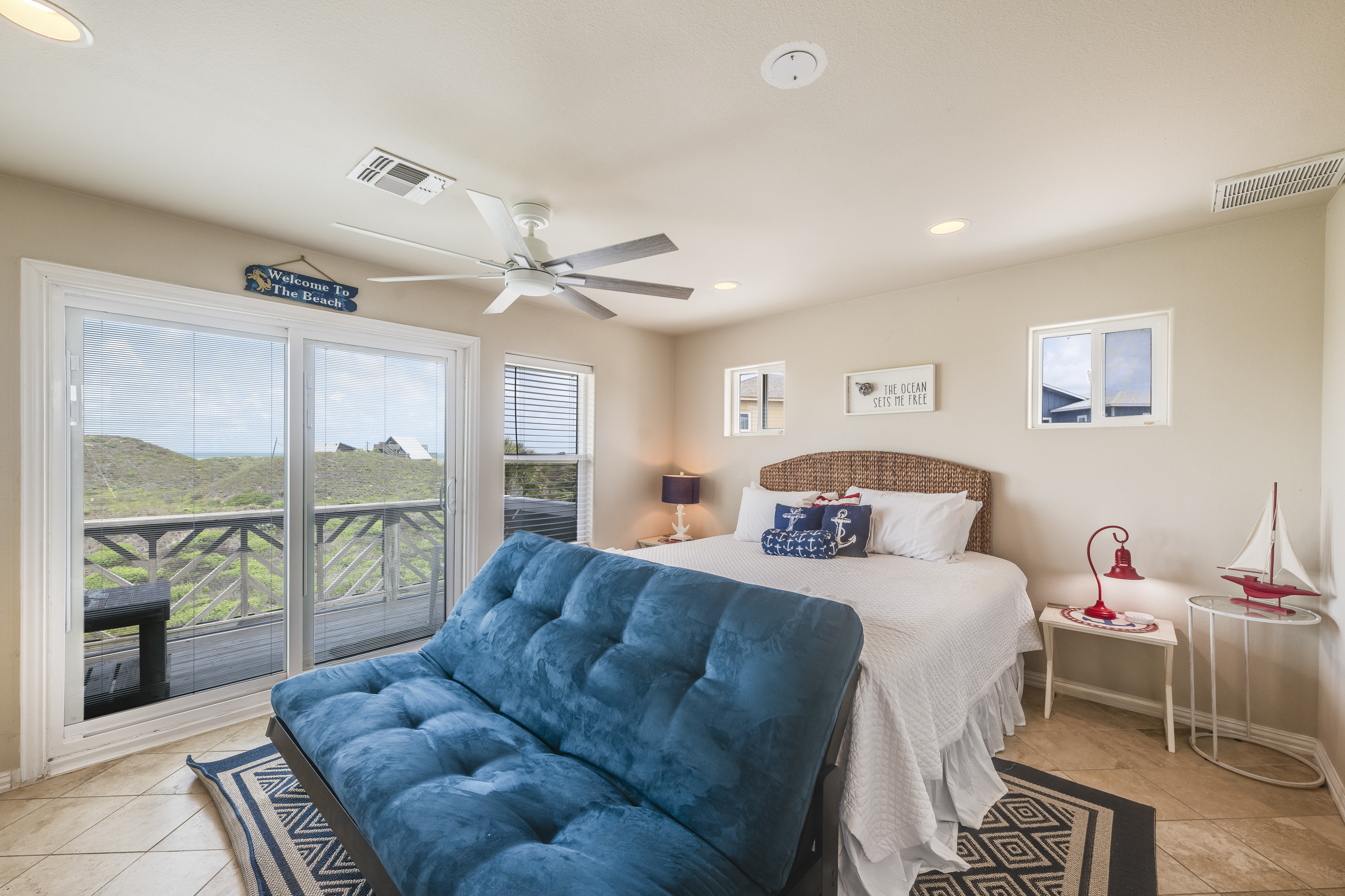 Enjoy the calm of the third-floor King Suite with Private Patio access and a versatile bonus futon for flexible sleeping arrangements.