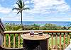 Balcony table with overlooking ocean view and palm trees.