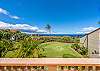 Green lawn with tropical landscaping, ocean horizon, and blue sky.