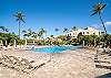 Resort-style swimming pool with lounge chairs and palm views.