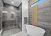 Luxury bath with large shower and luxurious soaking tub.