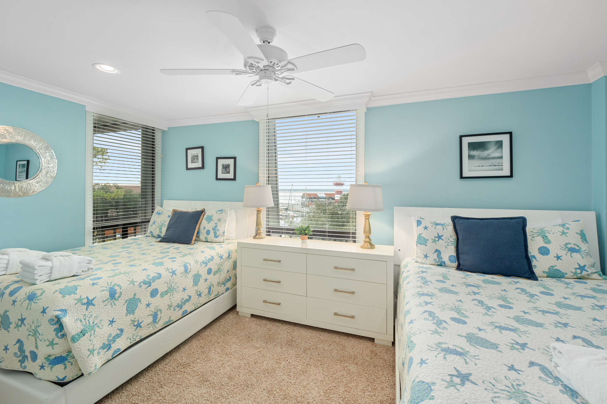 Bedroom 2 with two double beds and private bath
