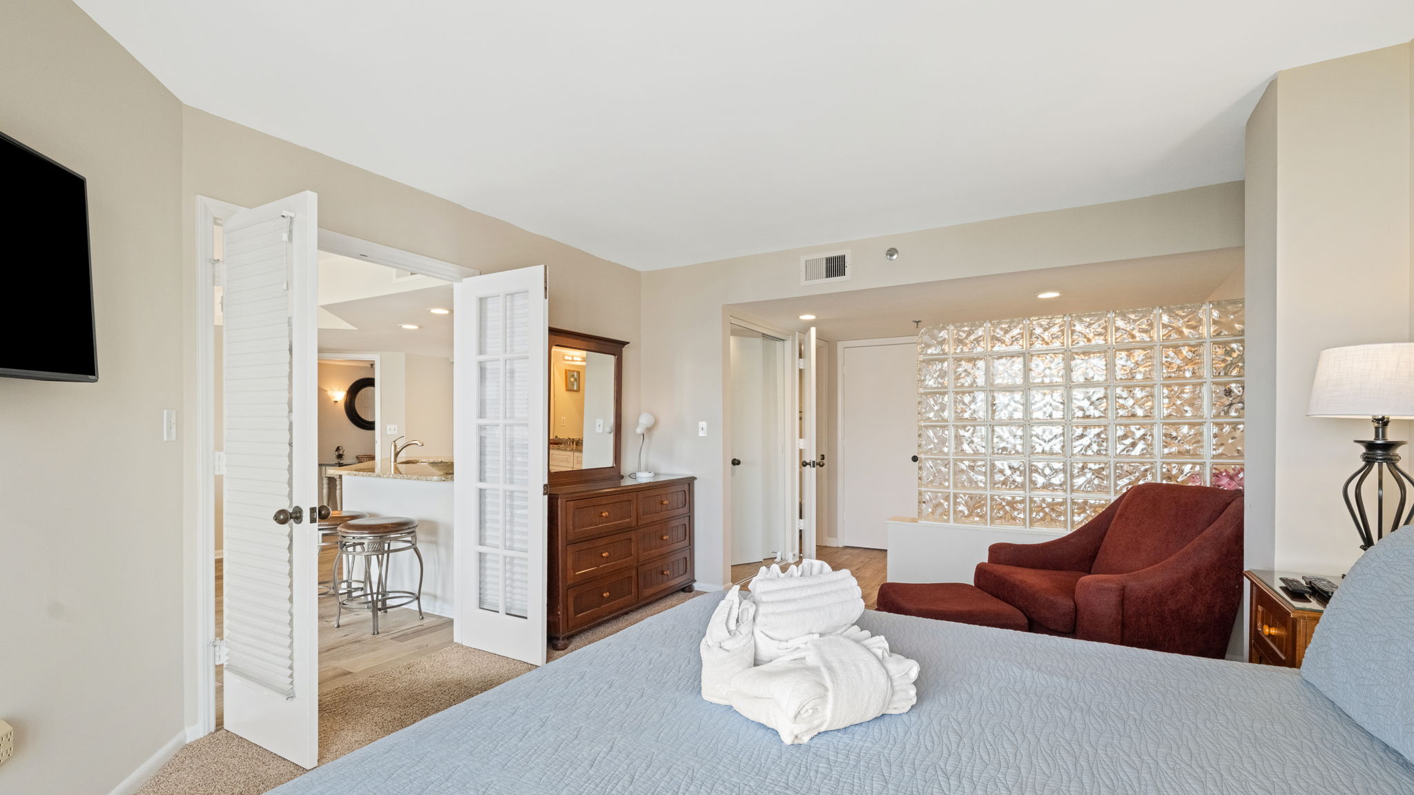 Master Bedroom with King Bed, Flat Screen TV and Private Balcony