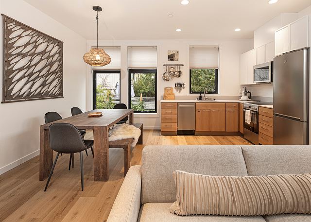 Thoughtfully designed with a gourmet kitchen, stylish modern furnishings, and abundant natural light. 