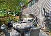 Outdoor garden area with fire table with heat lamp, Gas BBQ