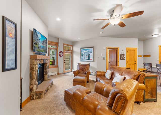 The living area features ample seating around a cozy fireplace, mounted TV, and Murphy bed. 