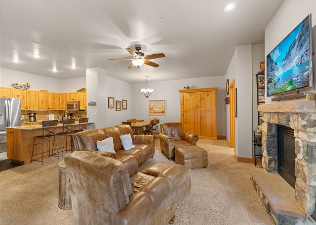 The living area features ample seating around a cozy fireplace, mounted TV, and Murphy bed. 