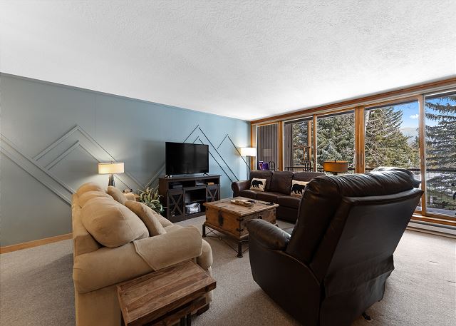 Living room with ample seating, wood-burning fireplace, TV, and queen sleeper sofa. 