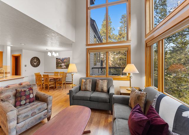 Living area with vaulted ceilings, large windows for natural sunlight, mounted TV over a gas fireplace, and queen sleeper sofa. 