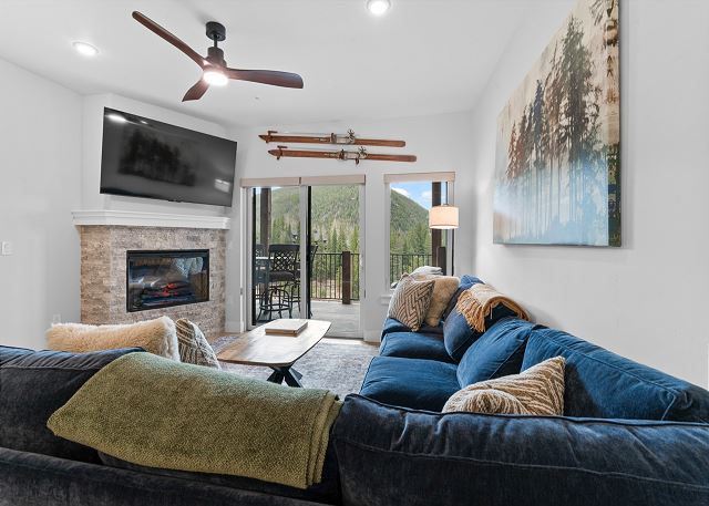 Living area with programmable fireplace, TV, and queen sleeper sofa. 