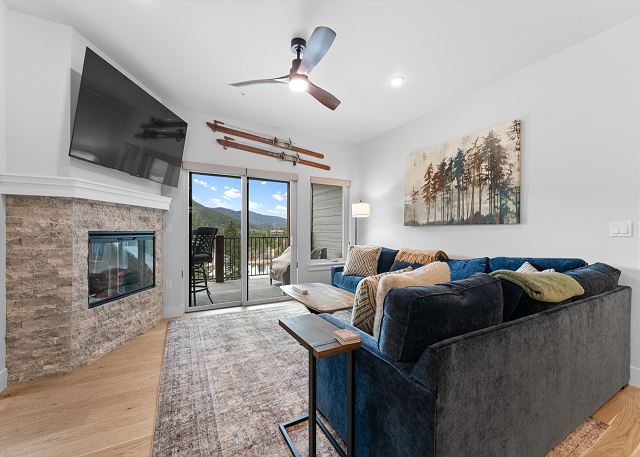 Living area with programmable fireplace, TV, and queen sleeper sofa. 
