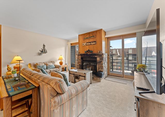 Living area with a wood burning fireplace, TV, and queen sleeper sofa. 